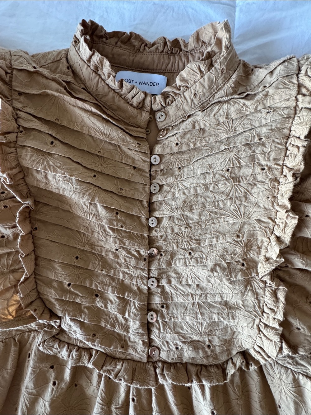 Lost + Wander Desert Flower Mini Dress Tan Eyelet Cotton Size S Ruffle - Picture 10 of 12